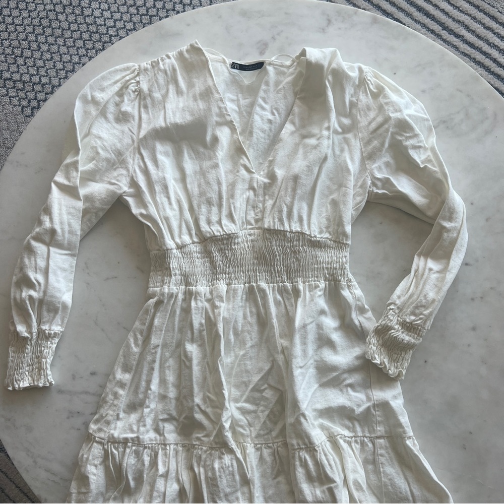 Zara White Long Sleeve Smocked Waist V-Neck Dress